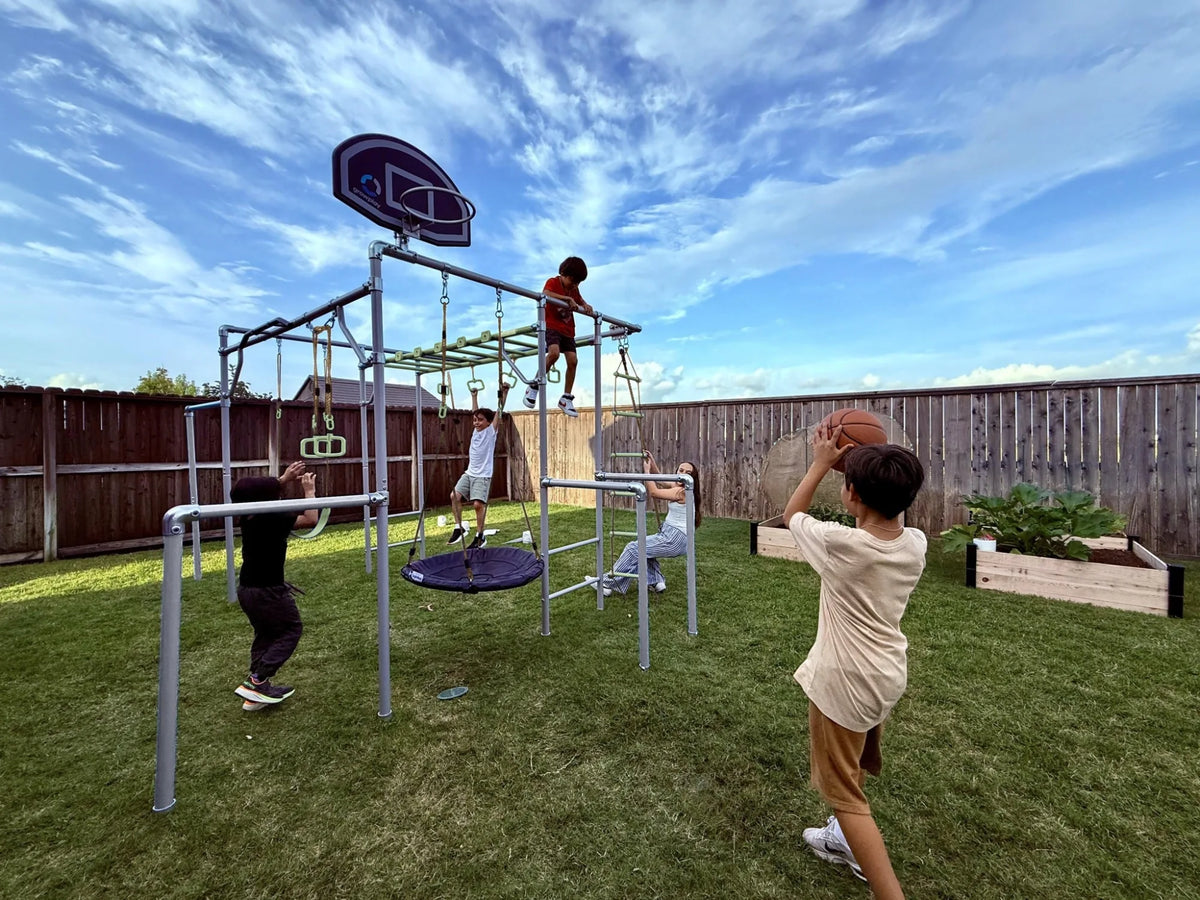 Basketball Set in use on a Growplay frame in a family garden