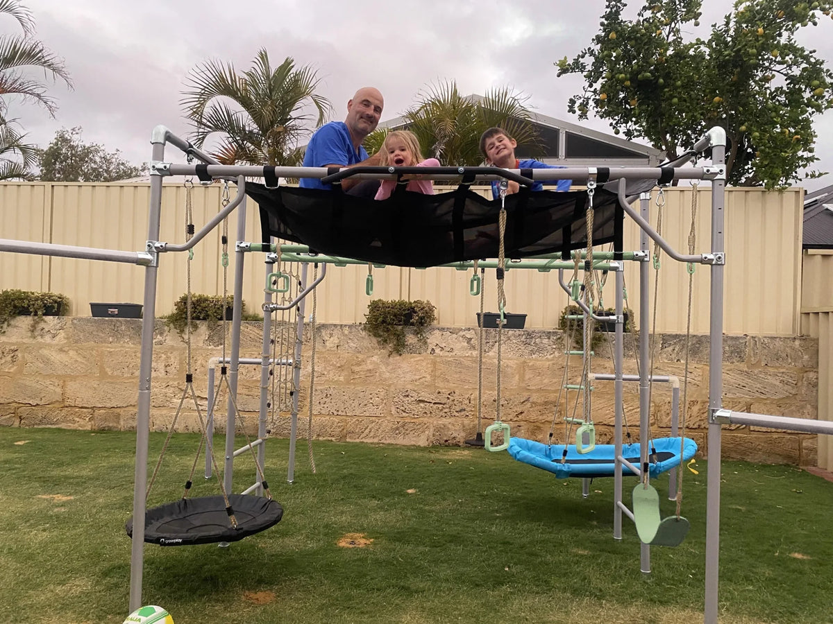 Ninja Net in use on a Growplay frame in a family garden